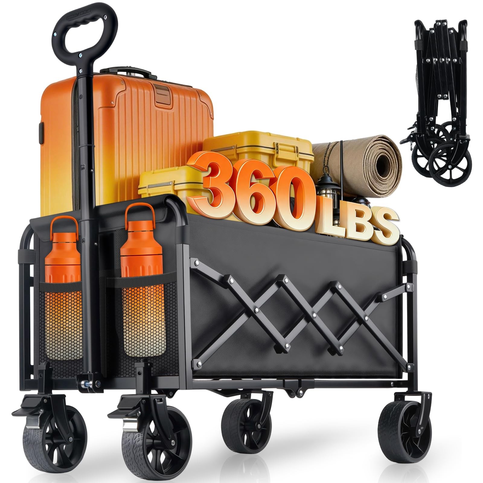 360lbs Foldable Wagon Cart Collapsible - Heavy Duty All-Terrain Portable Lightwe
