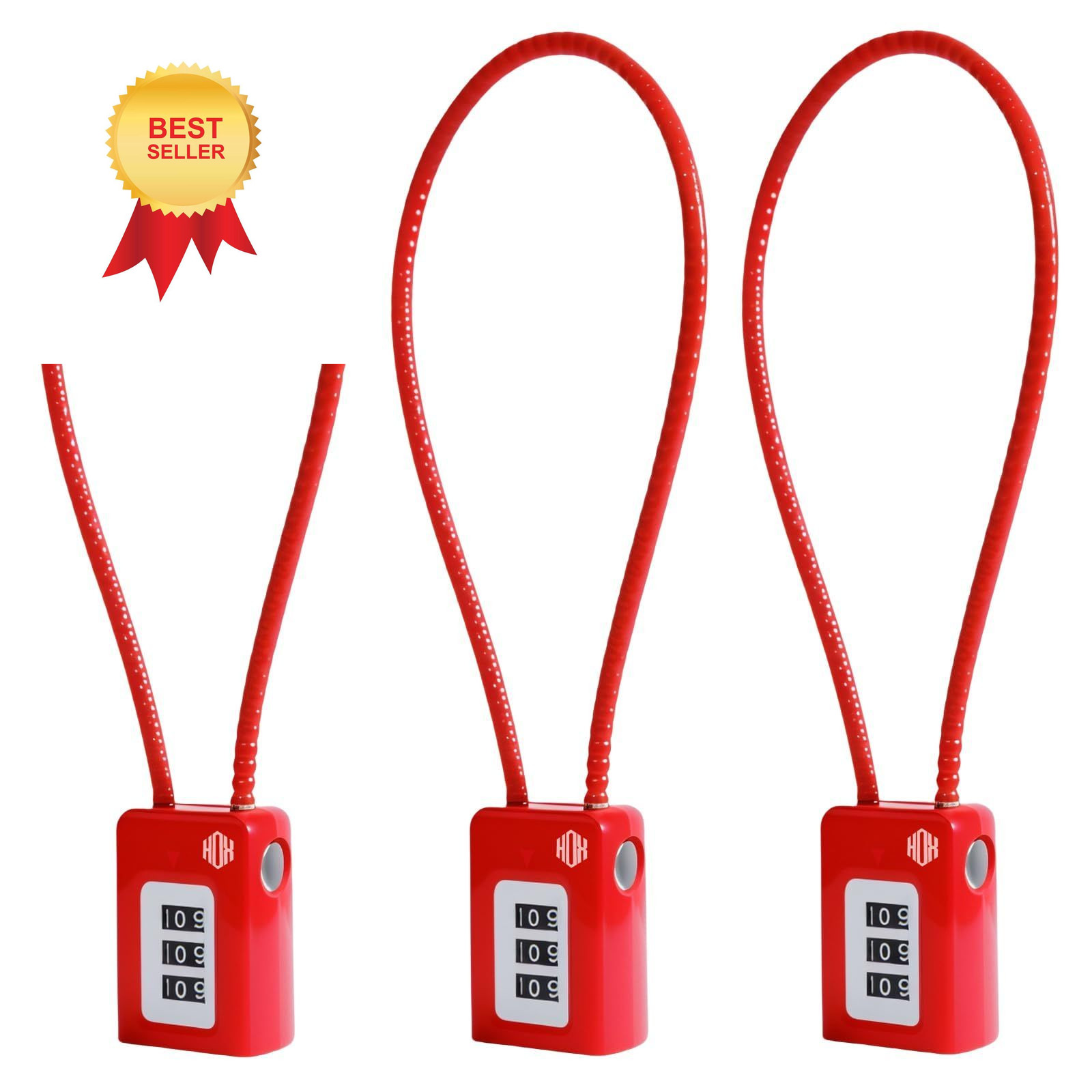 HOX 3 Digit Combination Gun Lock, 3-Pack Cable Lock for Pistols 3 Pack, Red