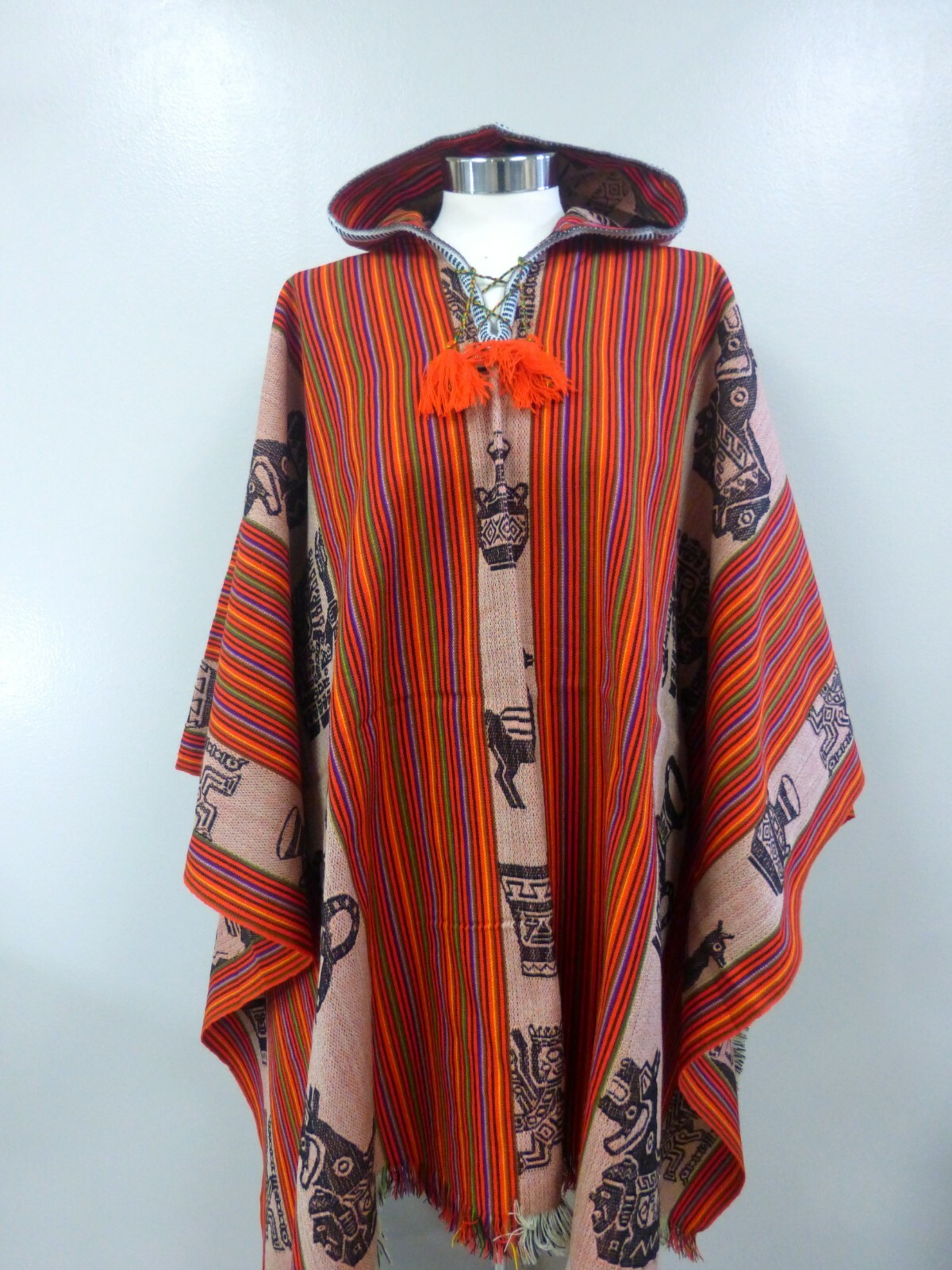 Andean Shamans Hooded Orange Tones with Colored Designs Poncho