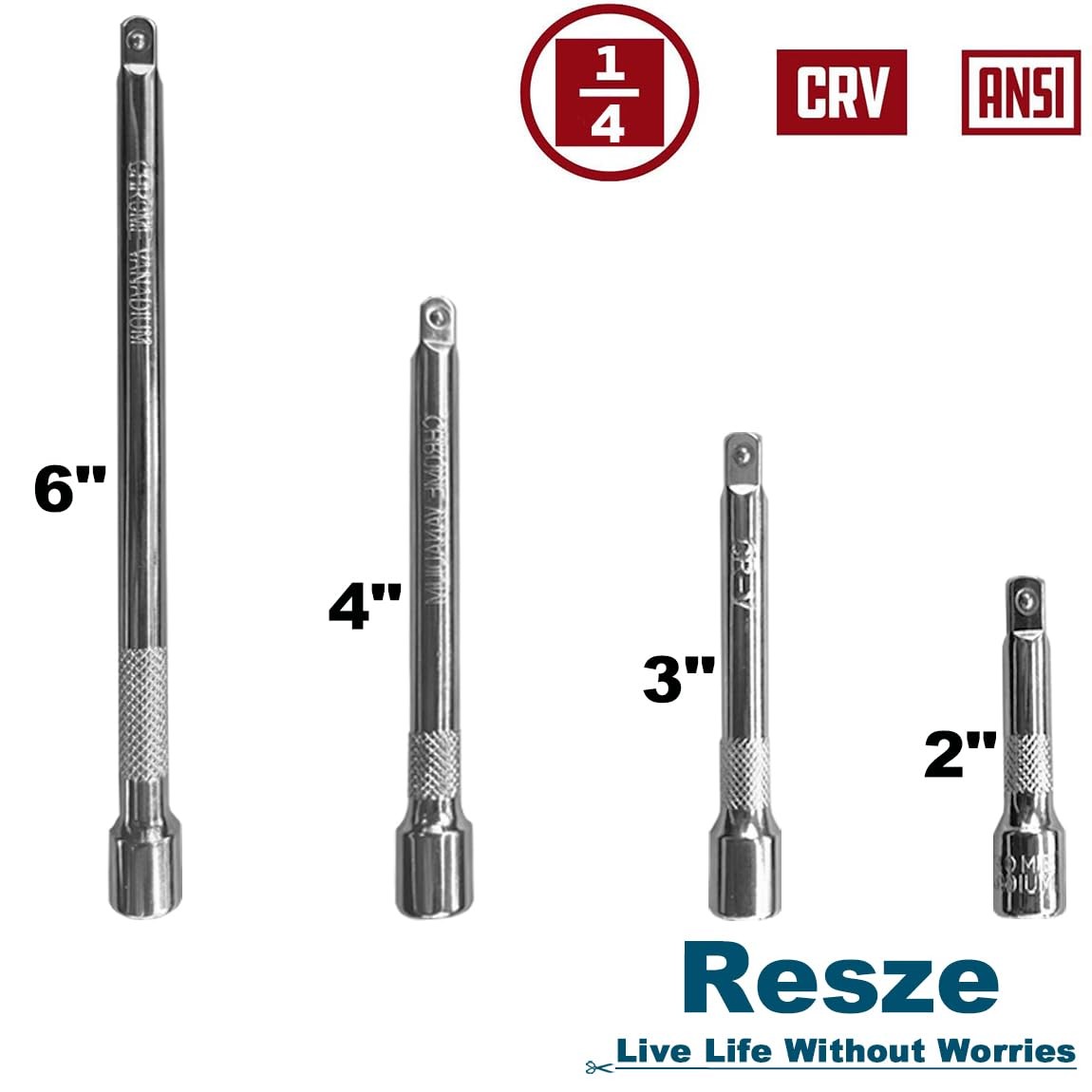Resze 4 Pcs 1/4" Socket Extension Set, Drive Impact Bar 4pc, Sliver