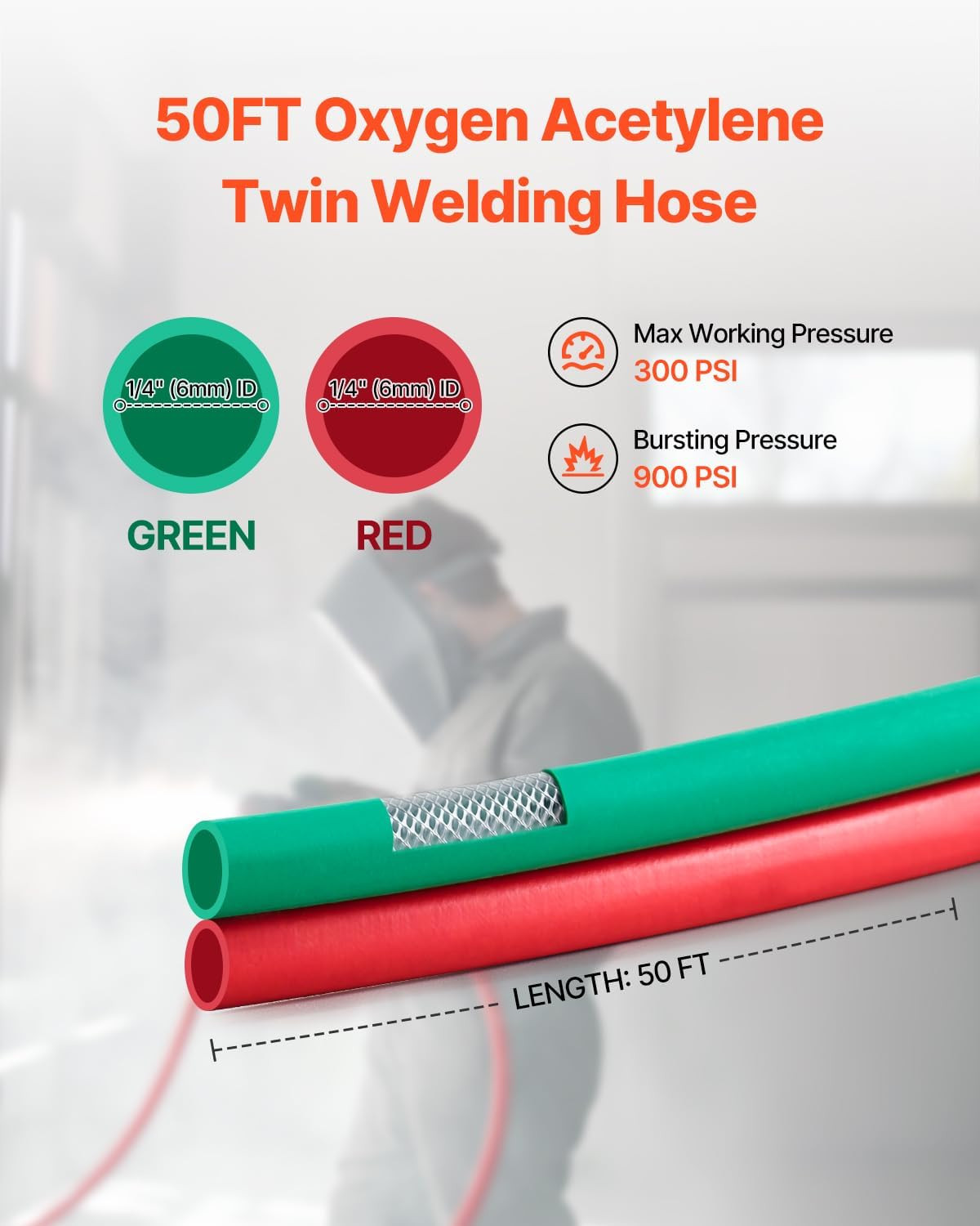 Oxygen Acetylene Hose, 1/4-Inch X 50FT Oxy Acetylene Hose with 9/16"-18 LH/RH B