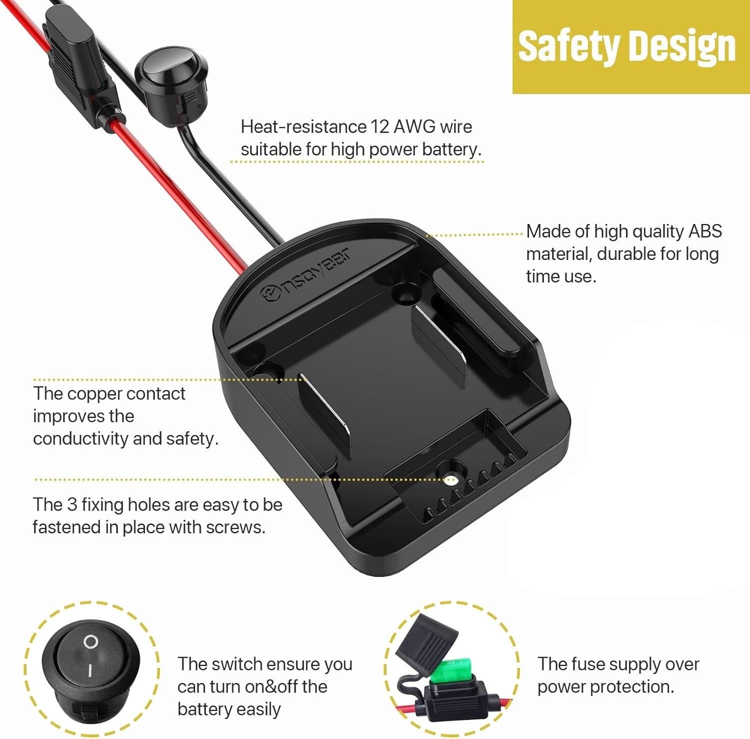 Power Wheel Adapter with Fuse Switch 18V Lithium Battery Connector 12 Gauge