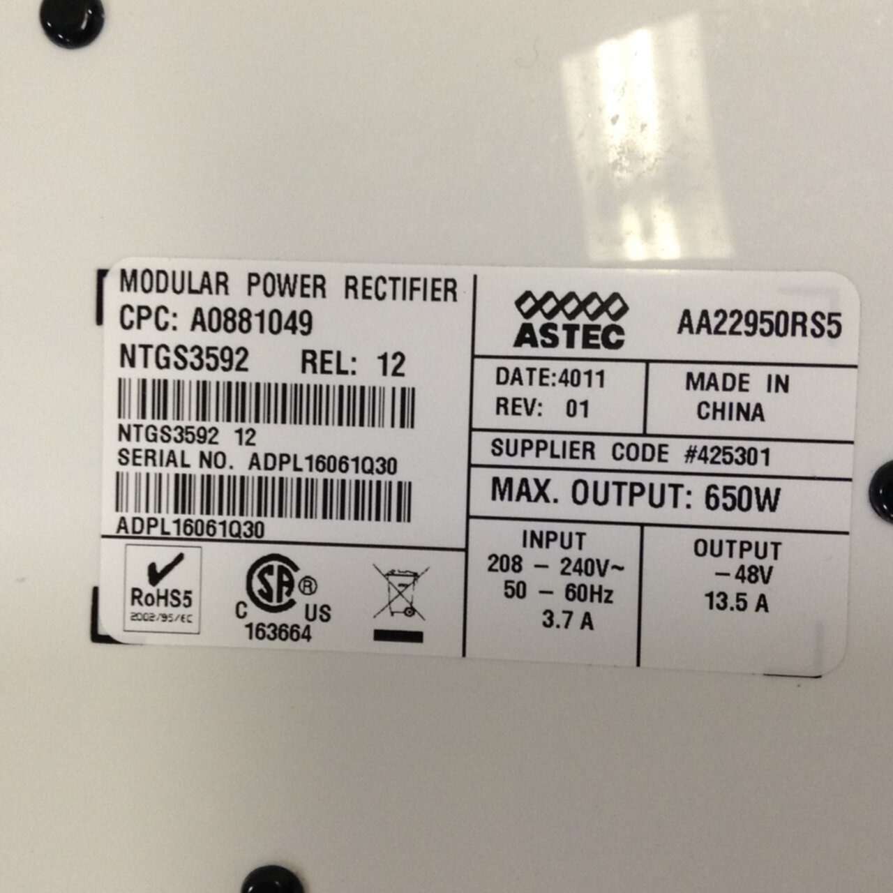 ASTEC Modular Power Rectifier NTGS3592 New #79387