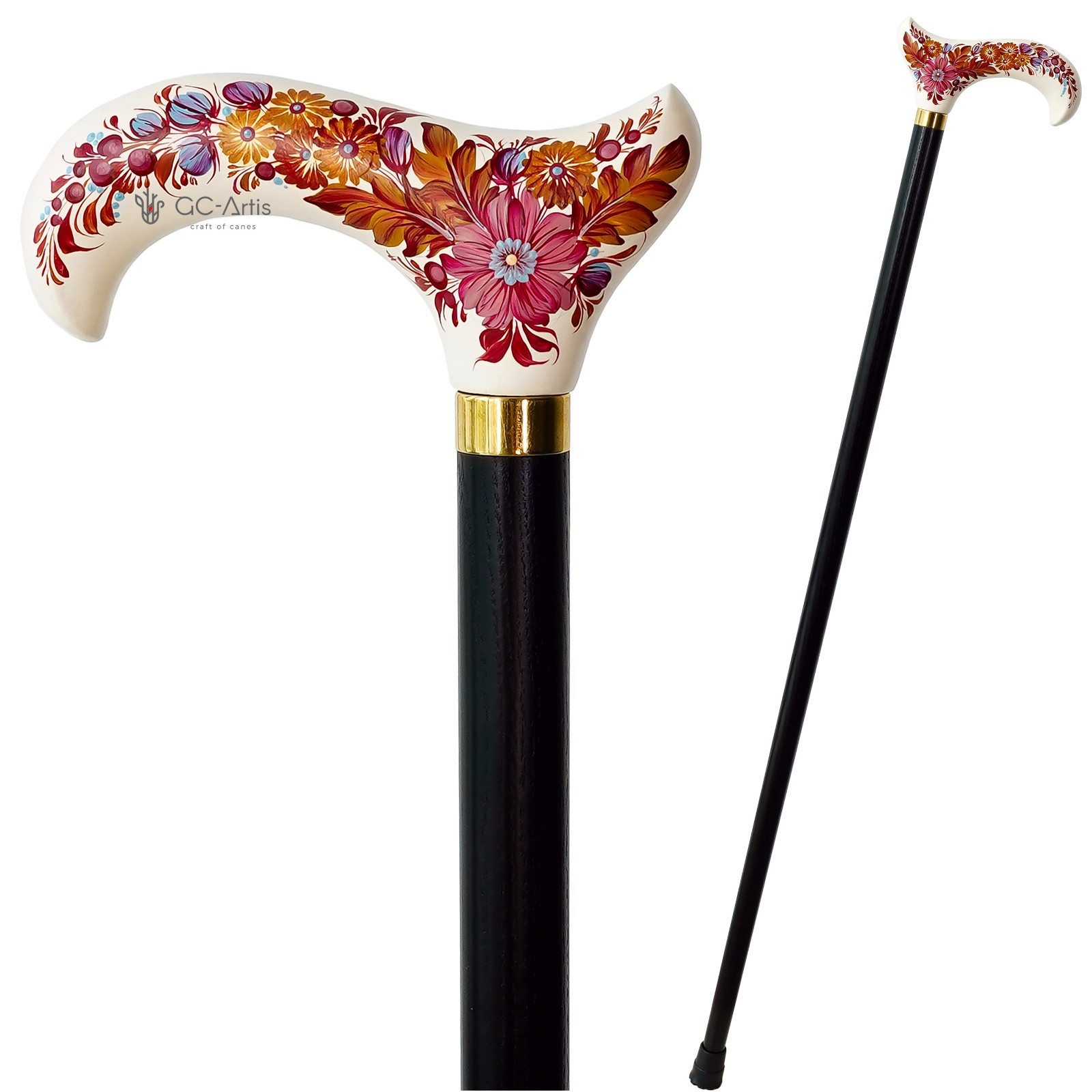 Handpainted Wooden Cane Walking Stick Solid Wood Carved Flowers Cane