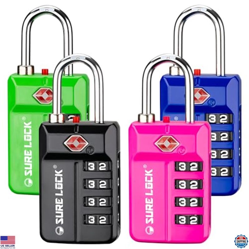 SURE LOCK TSA Approved 4-Digit Resettable Combination Luggage Locks, 4 Colors