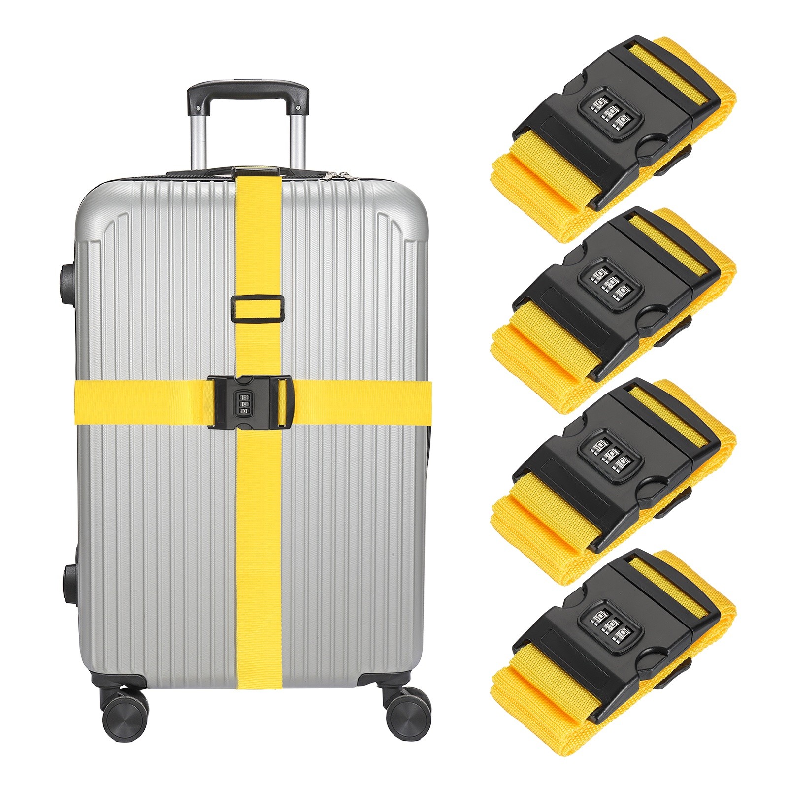 4pcs Luggage Straps with Combination Lock Adjustable Suitcase Belt, Yellow