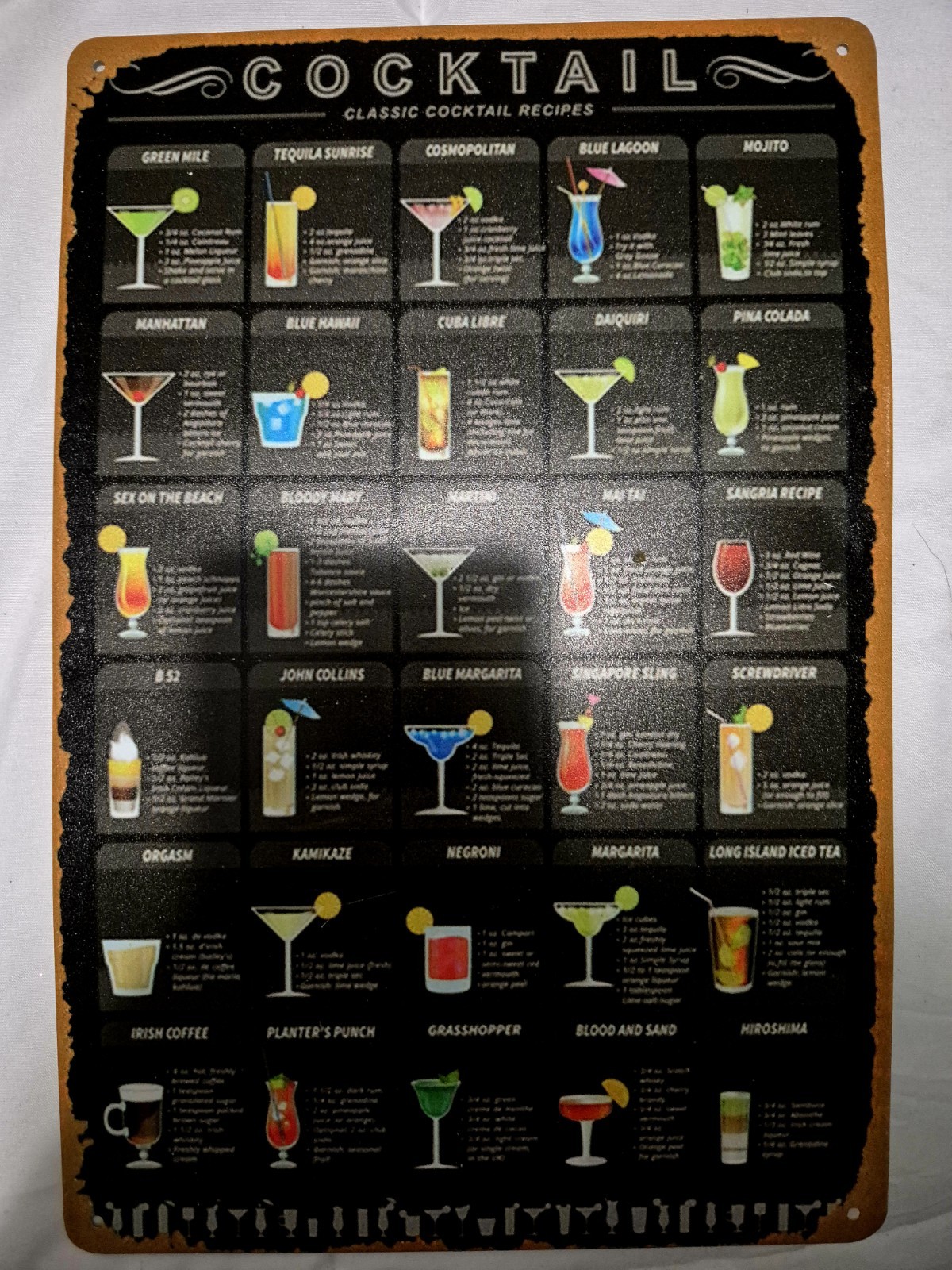 Cocktail Mixology Drink Recipes metal sign 8×12