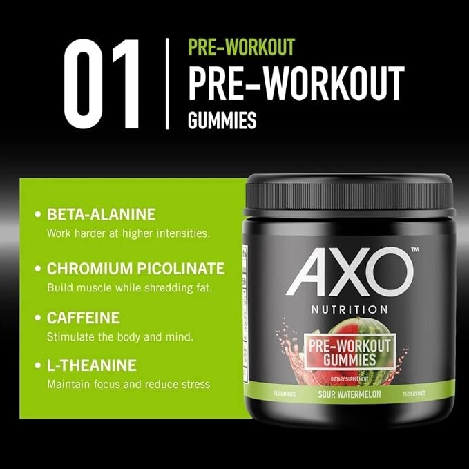 AXO nutrition pre-workout gummies, watermelon flavored, exp 2/26