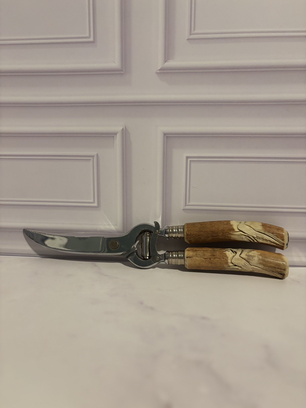 Vintage Solingen Germany Antler Handle Pruning Shears Carved Bird Garden