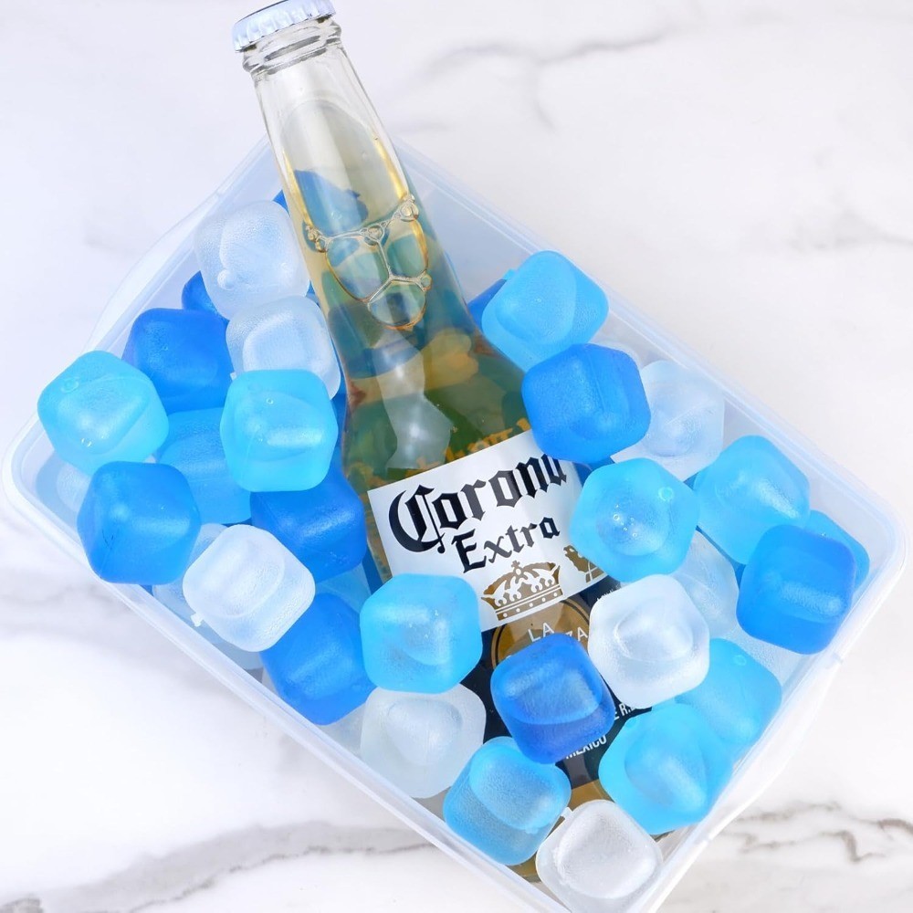 Reusable Plastic Ice Cubes Refreezable 60 Pack with Storage Bin Lid for Drinks