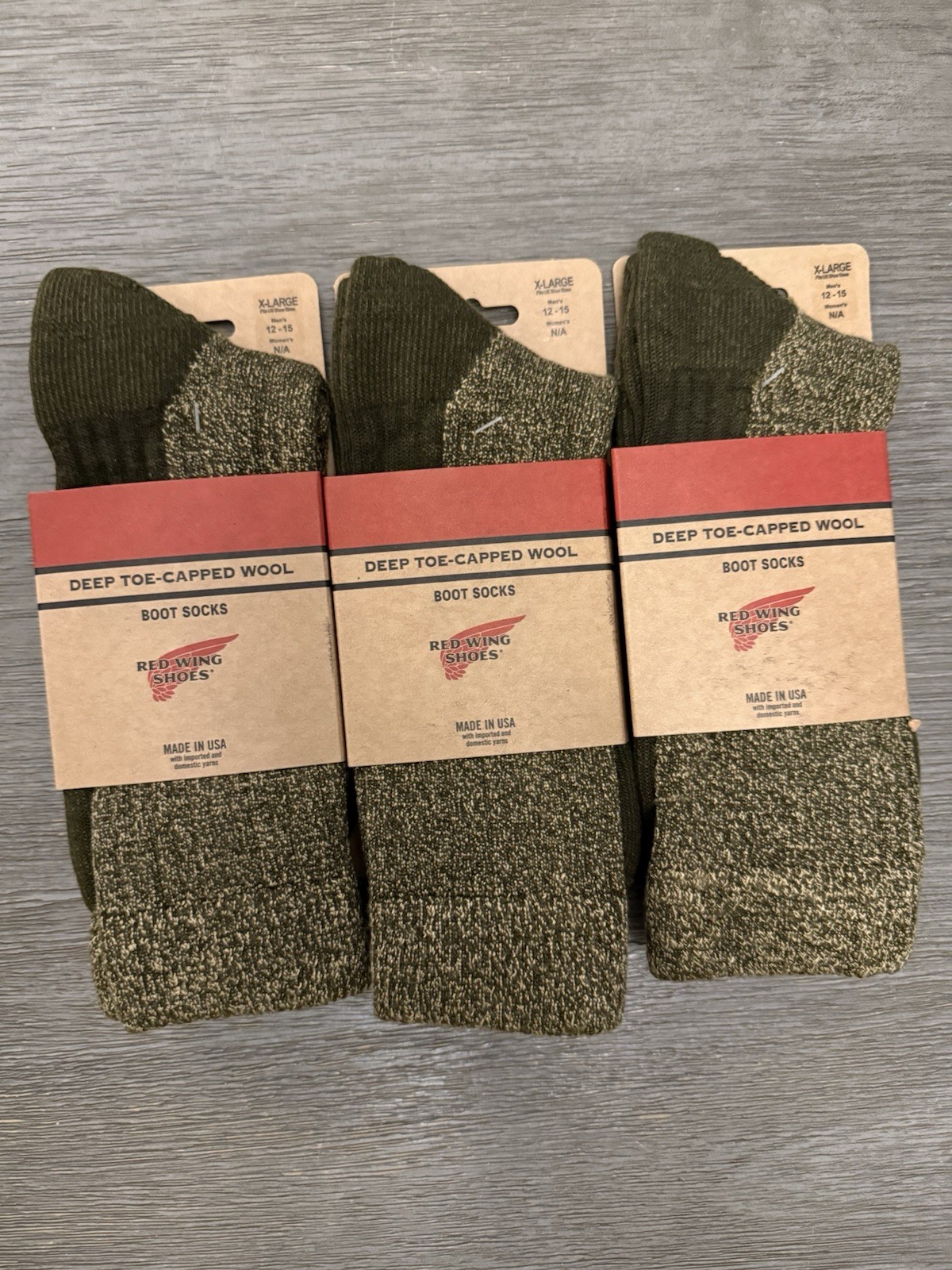 (3) Red Wing Boot Socks. Deep Toe-Capped Wool, X-Large Men's 12-15 (olive/khaki)