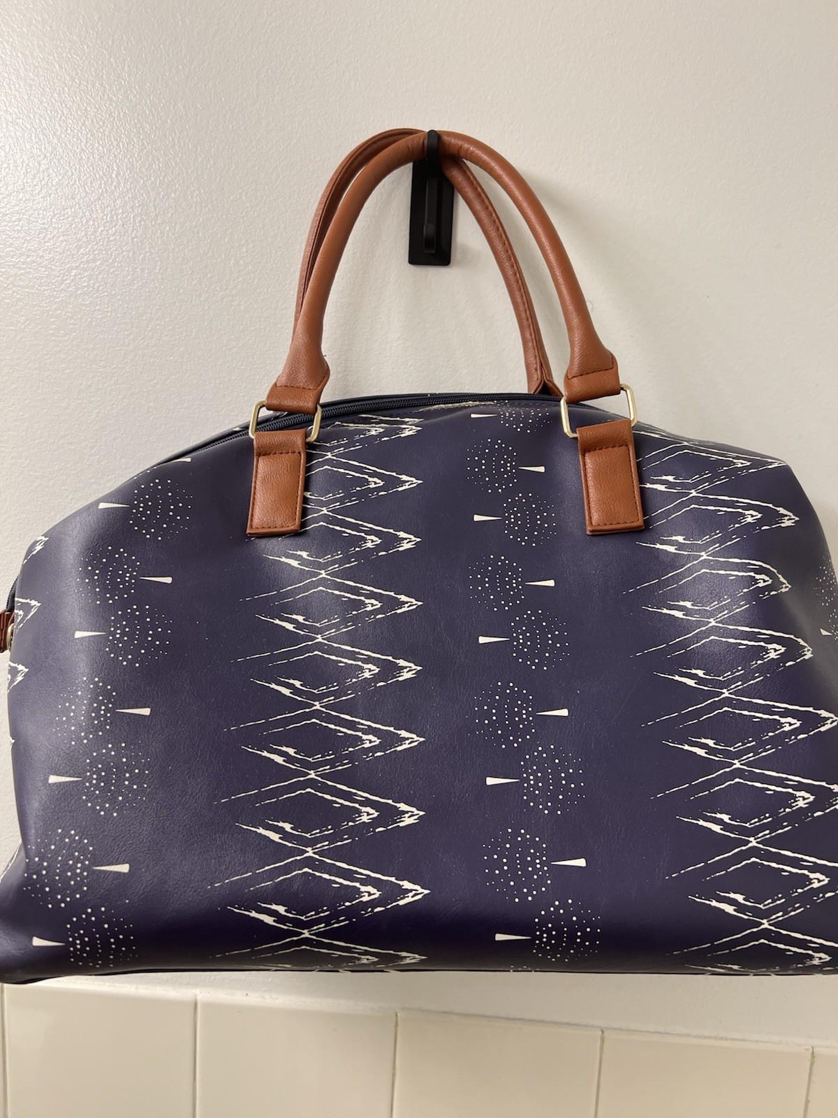 Geometric Blue pattern Duffle Bag Soft Case Brown Handles