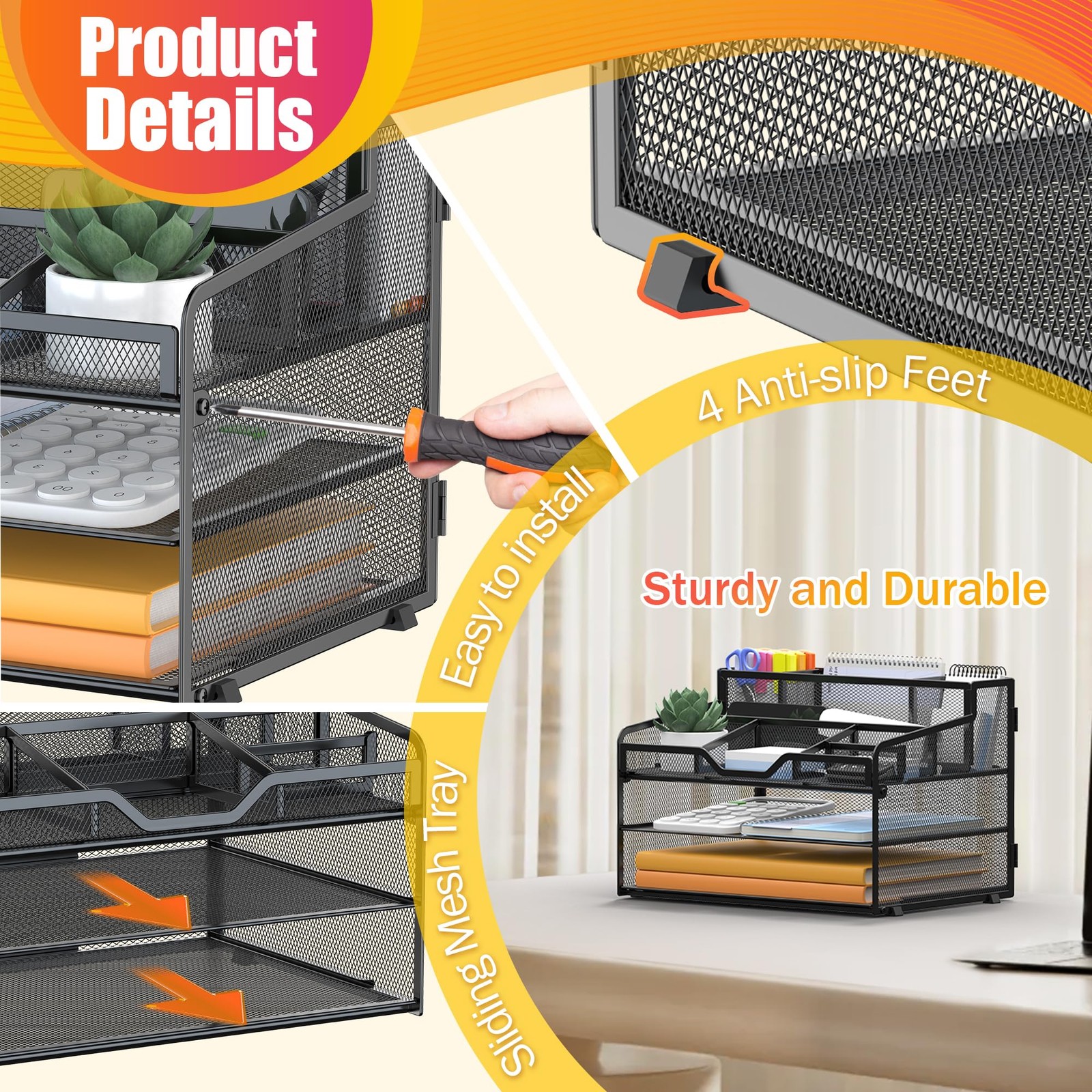 3 Tier Mesh Desk Organizer for Paper Office Supplies – Multi-Functional Lette...