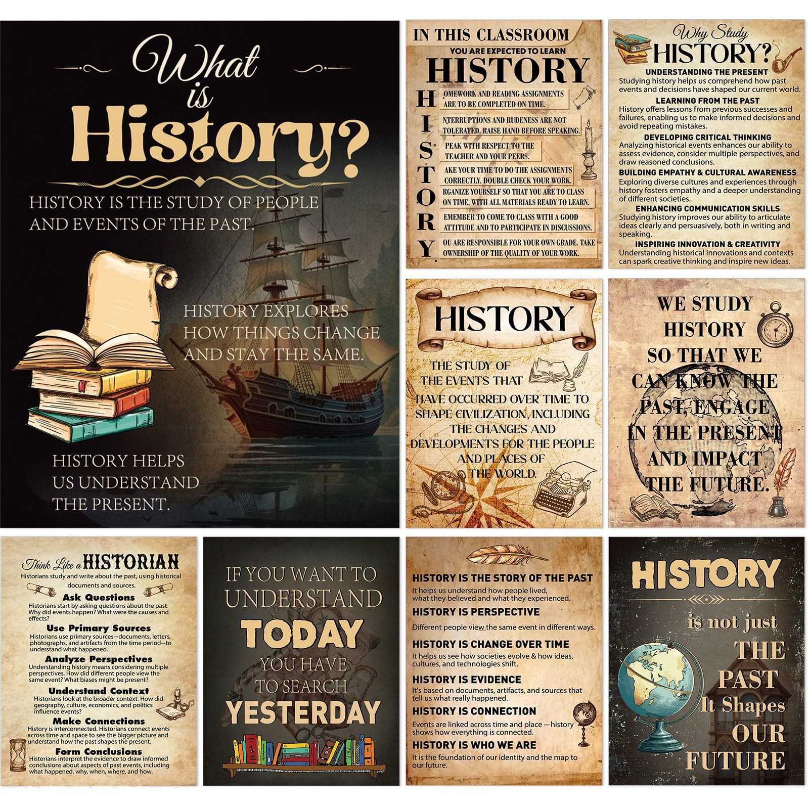 9 Pack Social Studies Classroom Decorations History Posters for Elementary, C