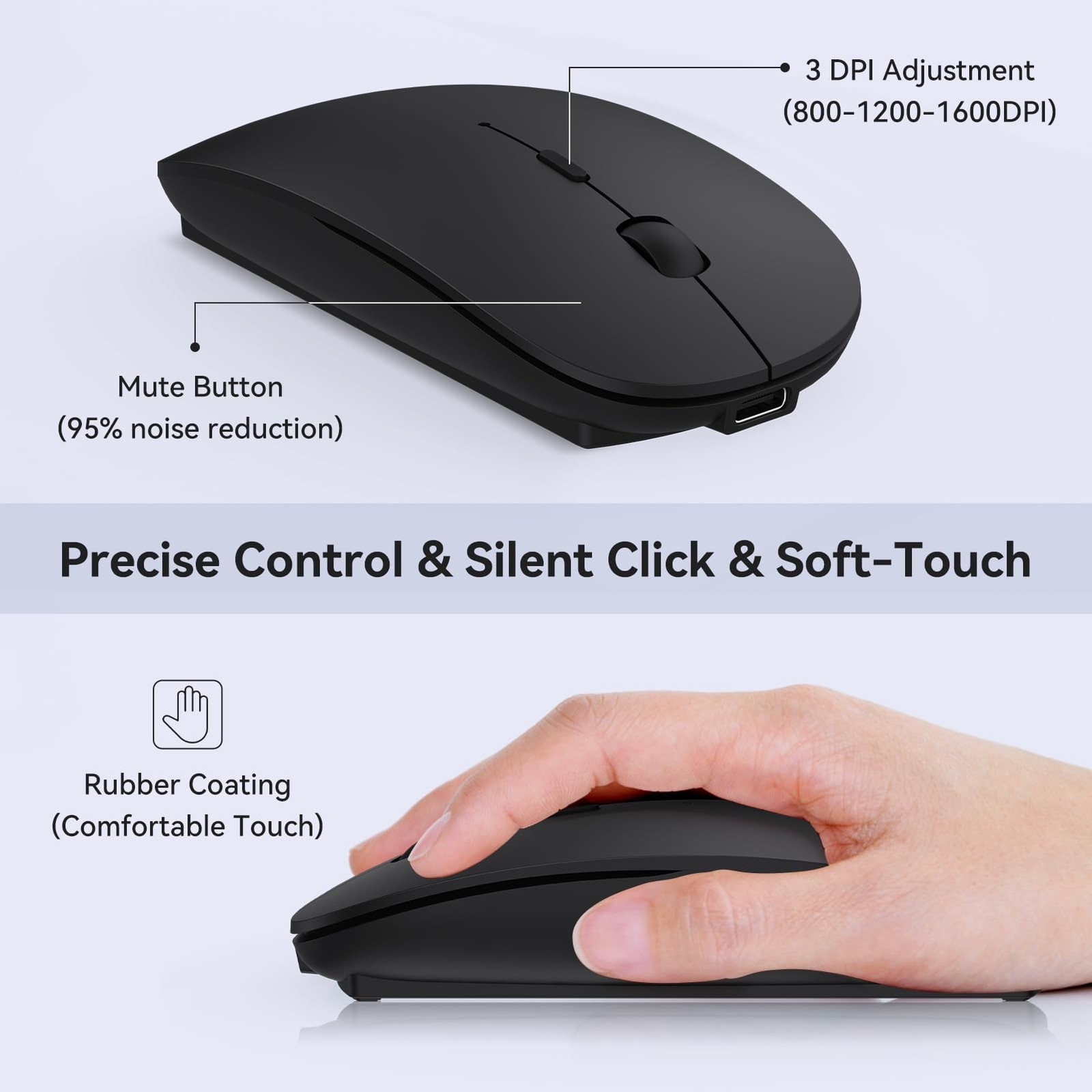 Black Rechargeable USB C Mouse Type C Wireless Mice Portable Optical Quiet Click