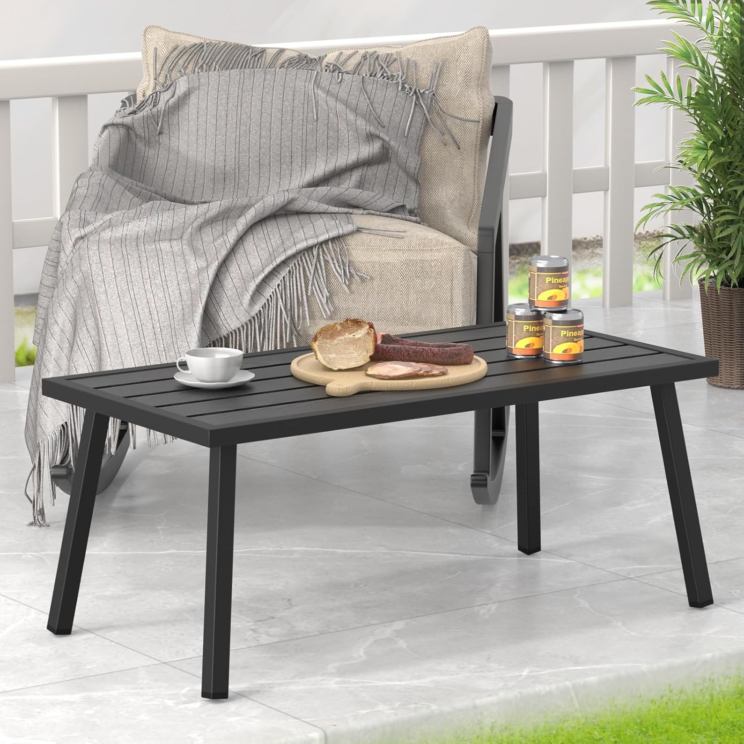 Small Metal Outdoor Coffee Side Table Outside Patio Rectangle Black