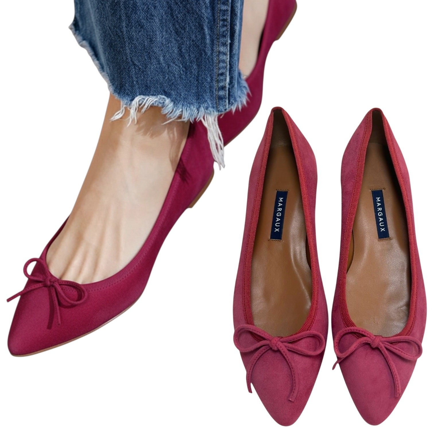 Margaux - Women’s ‘The Pointe’ Ballet Flat, Bow, Suede - Pink, Size 38.5, 8.5 US