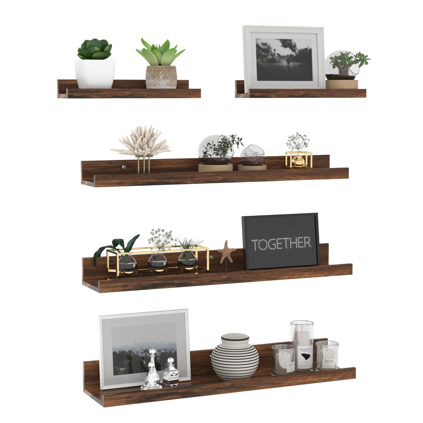 5 PCS 24 Brown Wall Mounted Floating Shelves, Rustic Wood, Picture Ledge, Bath