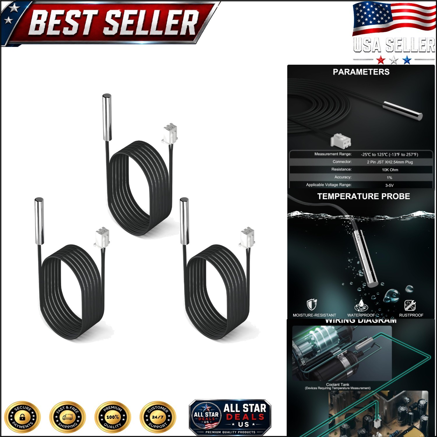 Precision 1 Meter Stainless Steel Temperature Sensor Probes - 3 Pack NTC 10K