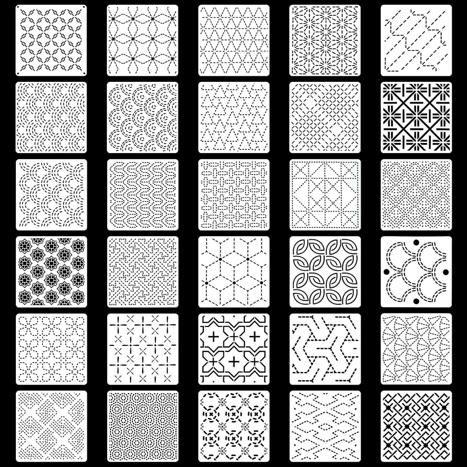 30 PCS Plastic Sashiko Stencil, 4.7 X 4.7 Inch Embroidery Stencil Geometric Patt