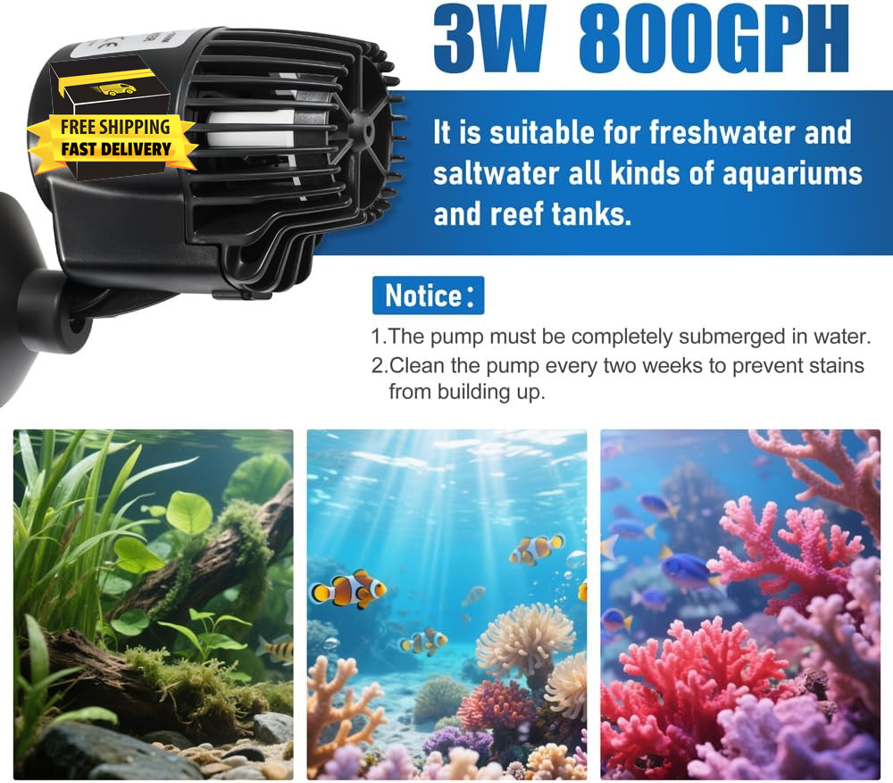 800GPH Mini Aquarium Circulation Pump Ultra-Quiet Fish Tank Wave Maker with Suct