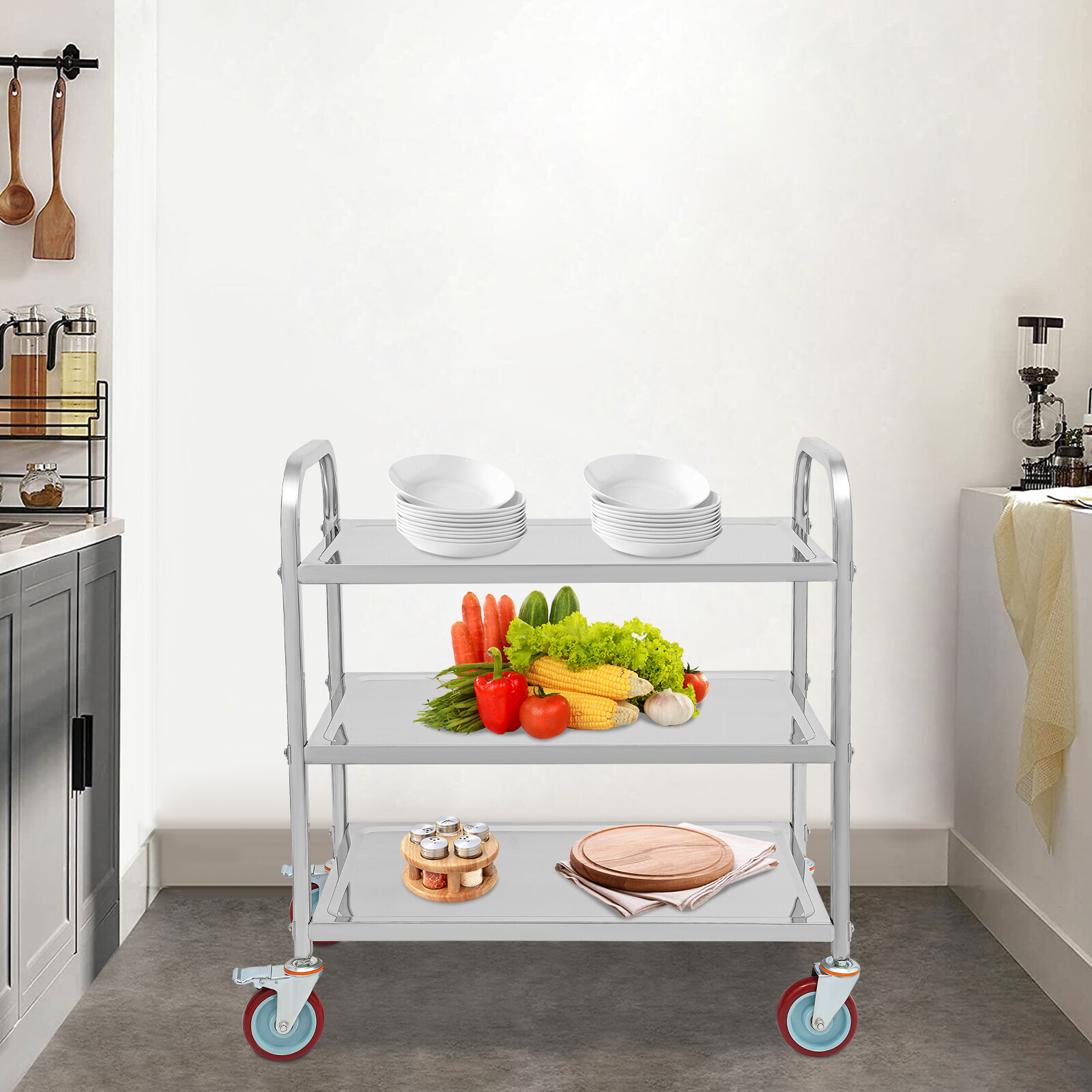 3 Tier Stainless Steel Kitchen Trolley Cart Utility Serving Storage Rolling Cart