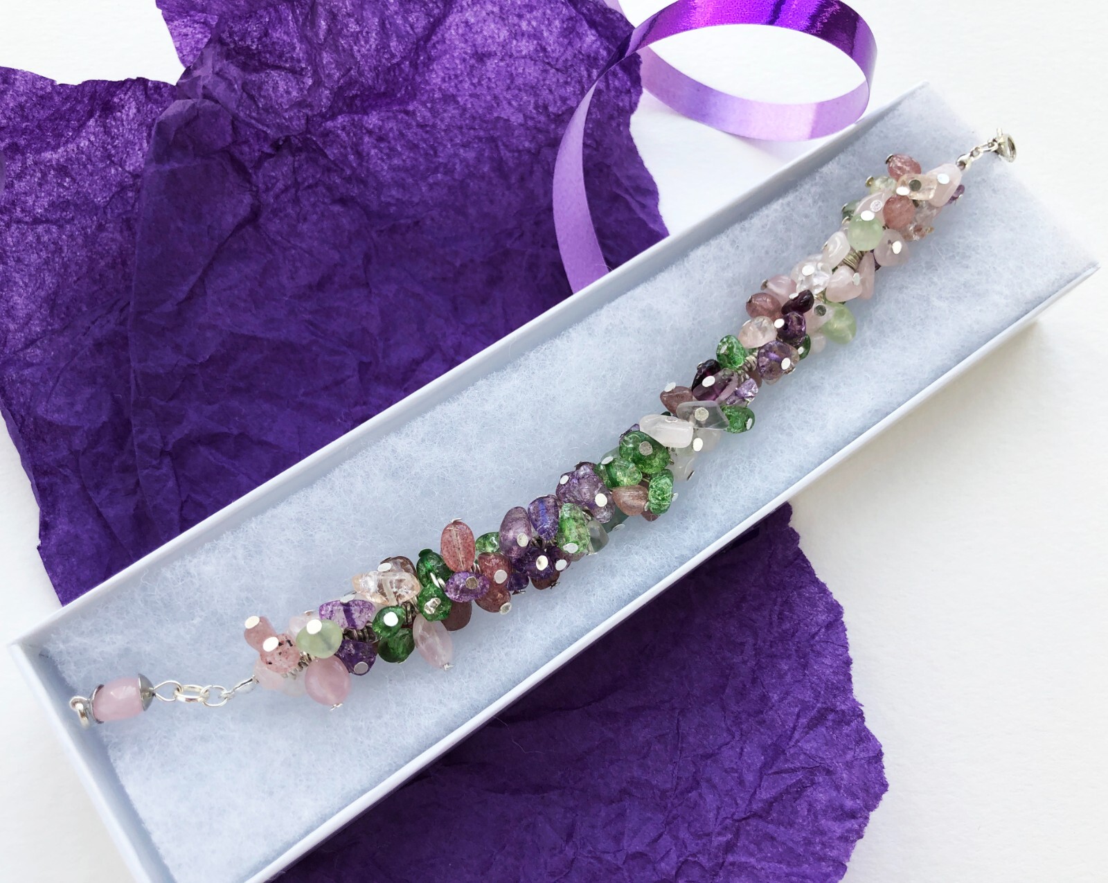 Quirky gemstone bead bracelet, fancy chunky rose quartz crystal bracelet