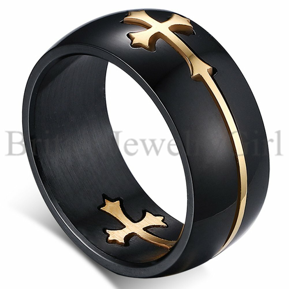 Mens Gold Tone Celtic Cross Black Stainless Steel Wedding Promise Ring Size 7-14