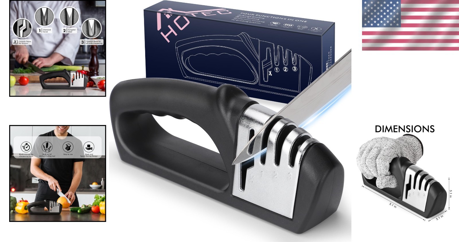Knife Sharpener Professional Ceramic Tungsten Kitchen Sharpening System 3 Stage