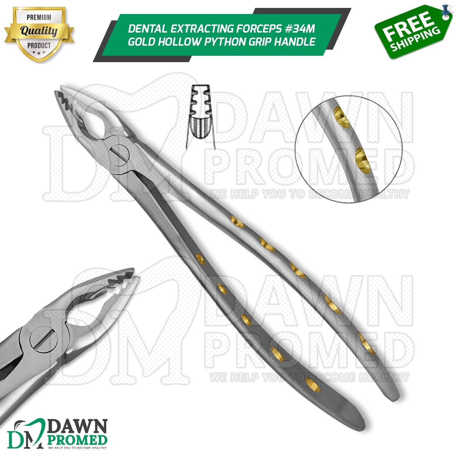 Dental Extracting Forceps #34M Gold Hollow Python Grip Handle German Grade