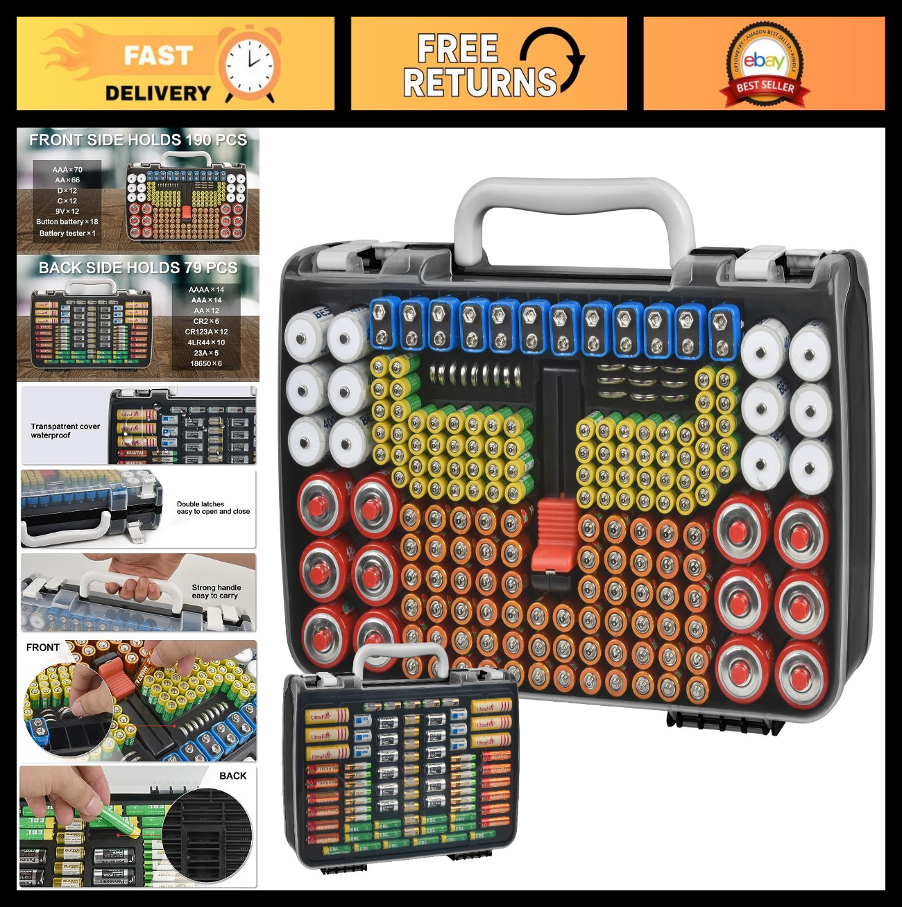 Battery Storage Organizer with Tester - Holds 269pcs AA AAA 9V C D Lithium - Bla