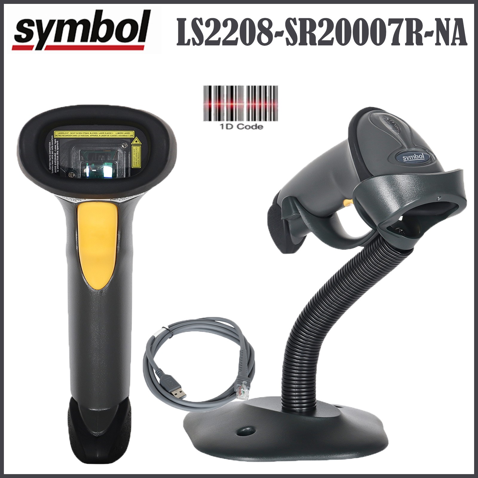 Zebra Symbol LS2208-SR20007R-NA 1D Barcode Scanner Reader w/ Stand+USB Cable