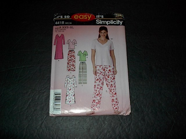 Simplicity Pattern 4418 Misses' Pants and Knit Nightgown or Top  XXS ~ XL  Uncut