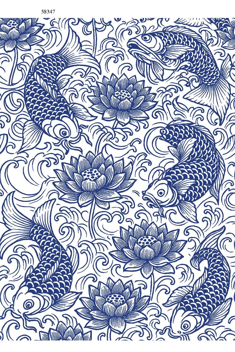 Seamless Cobalt Blue Koi -  - Ceramic Decals- Enamel Decal  - Glass Decal- 58347