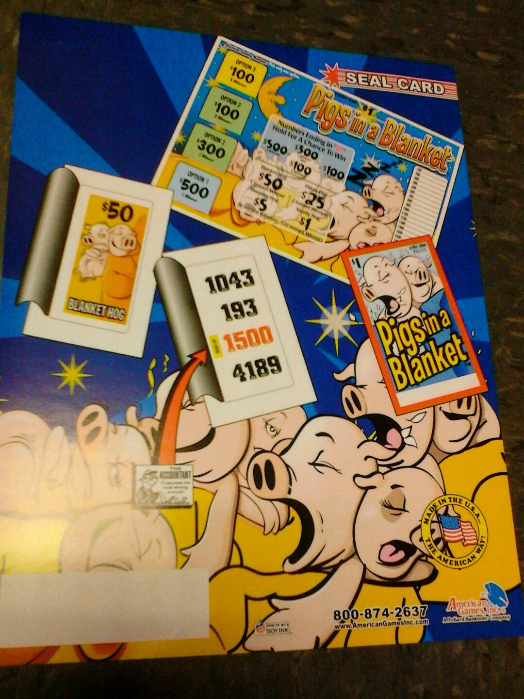 American Games PIGS IN A BLANKET SEAL CARD flyer- good original