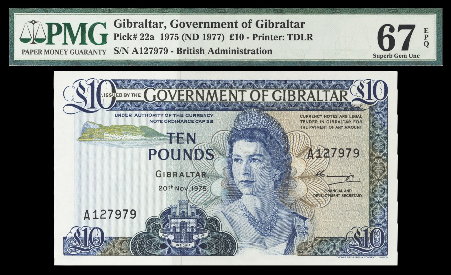 Gibraltar, Government of Gibraltar P22a PMG Graded 67 Superb Gem Unc, Banknote.