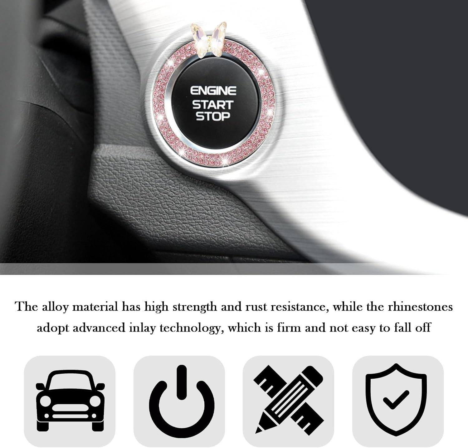 2PCS Car Engine Push Start Button Cover Decoration Ring,Bling Butterfly Push to