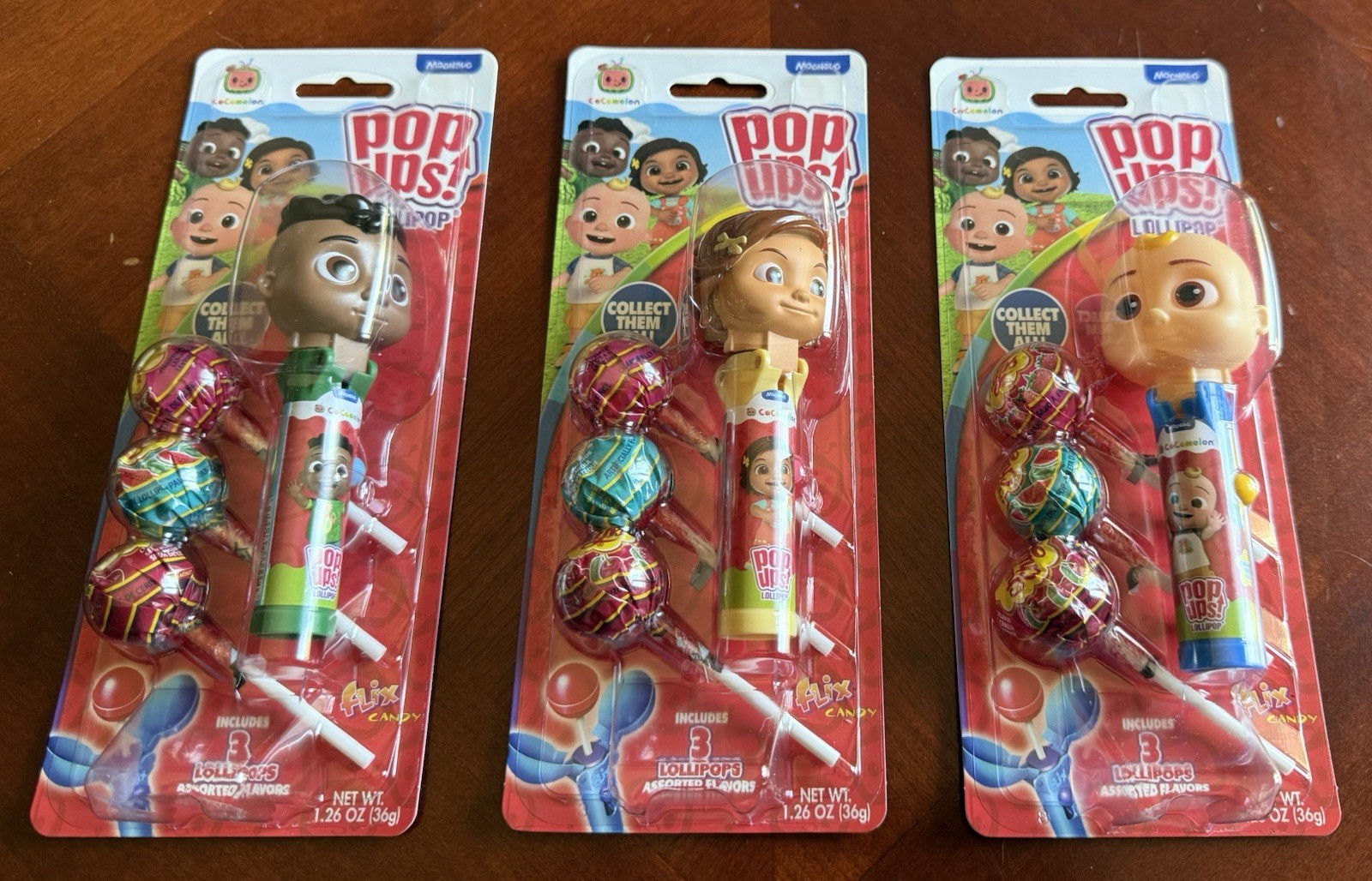 3X Lot Of Flix Pop Ups 3Pcs Cocomelon Candy Chupa Chups Lollipop Dispenser NEW
