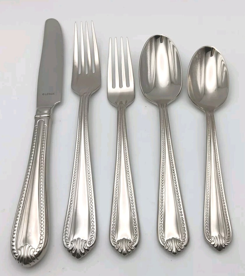 Lenox Bead Plum Tip 5 Piece Place Set 18/10 Stainless Glossy Flatware nos