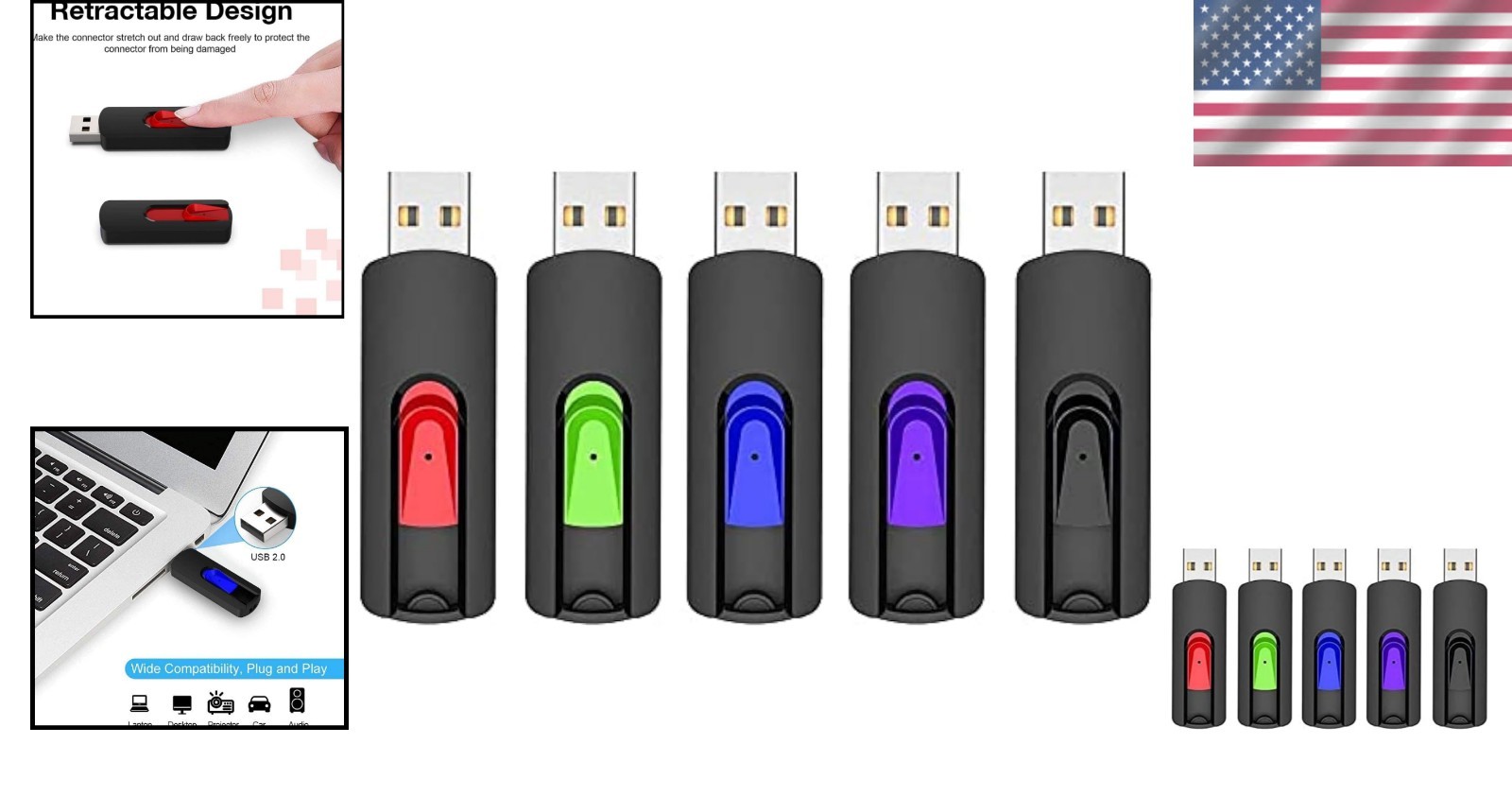 Compact 64GB USB Flash Drive Set - 5 Mixed Colors with Easy Retract Feature