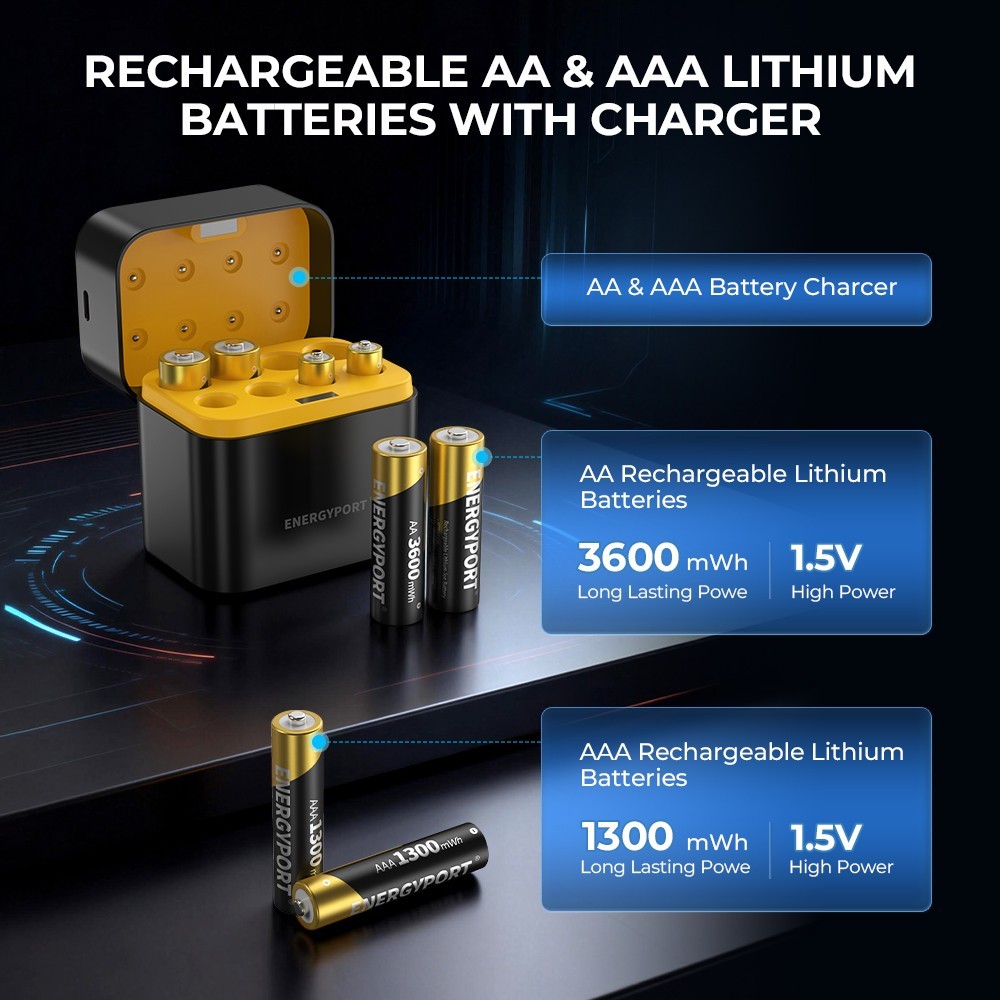 4Pcs AA + 4Pcs AAA Rechargeable Batteries Lithium 1.5V with Fast Charger Box