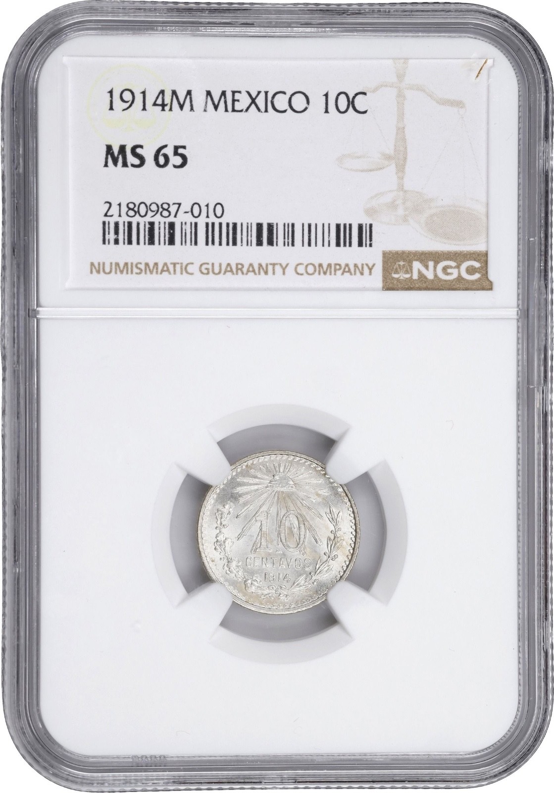 MEXICO ESTADOS UNIDOS 1914  10 CENTAVOS COIN, NGC CERTIFIED UNCIRCULATED MS65