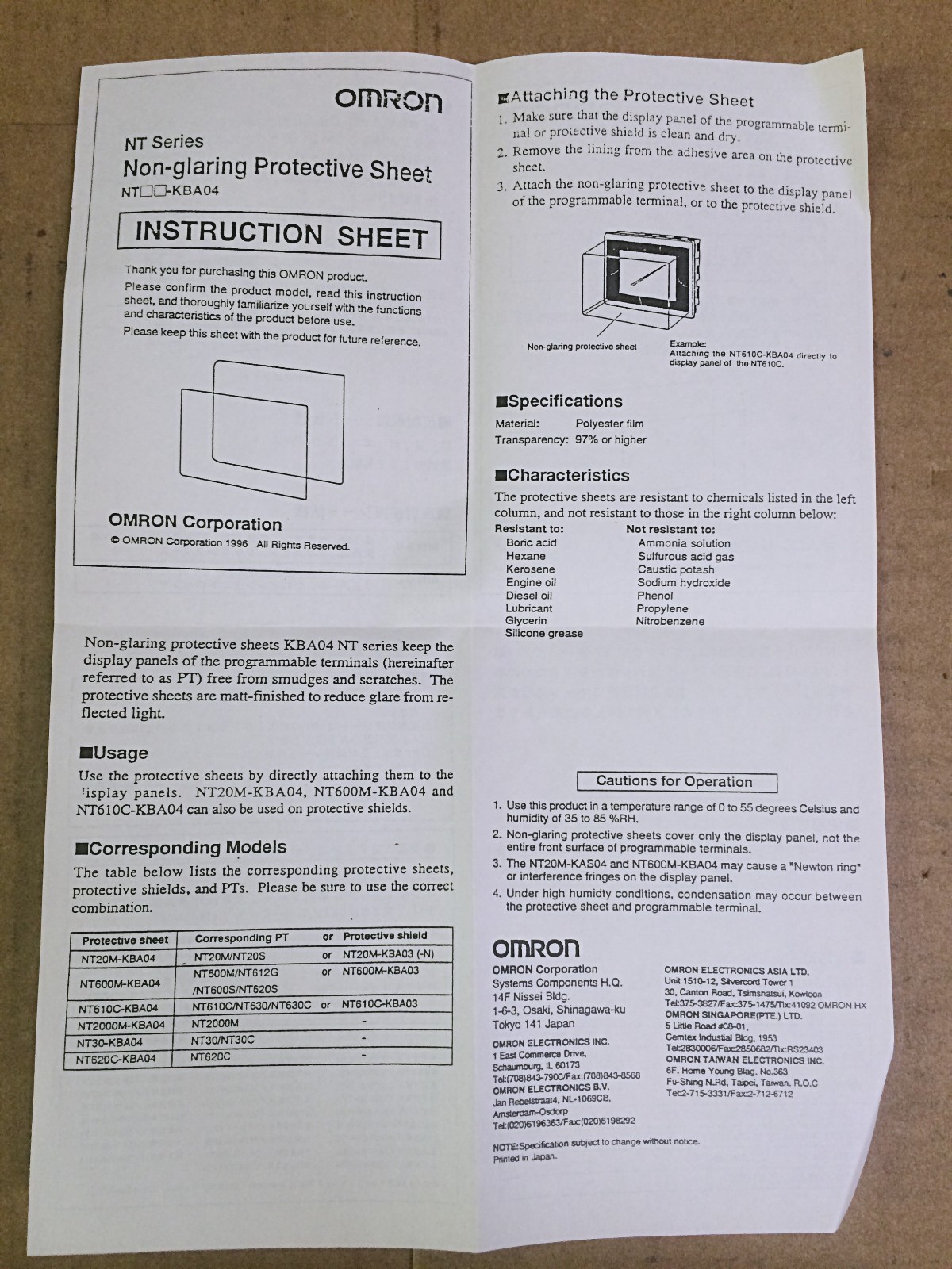 Omron NT30 - KBA04 Display Touchscreen Panel Protective Sheets 2147 2247 2547