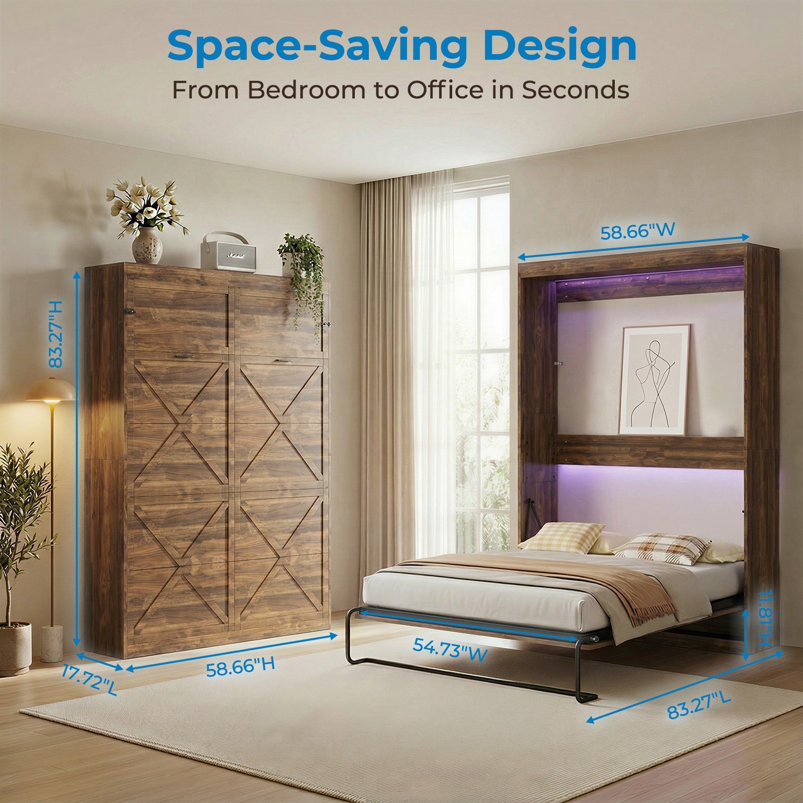 Murphy Bed with LED Lights, Hidden Murphy Wall Bed with Gas-Lift, No Mattress