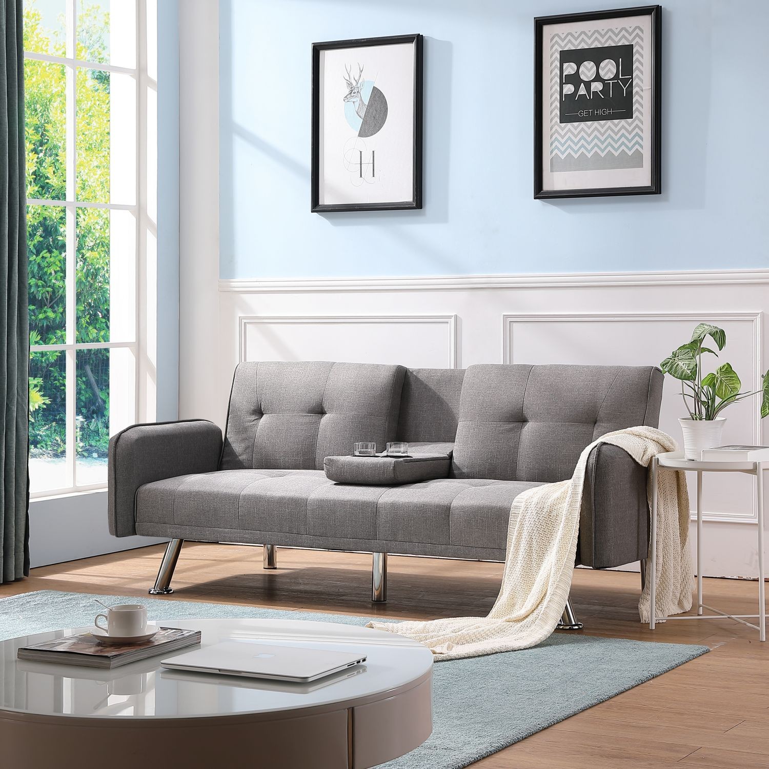 74.4" Futon Sofa Bed Twin Sleeper 2 Cup Holders 3-Position Adjustable Linen Gray
