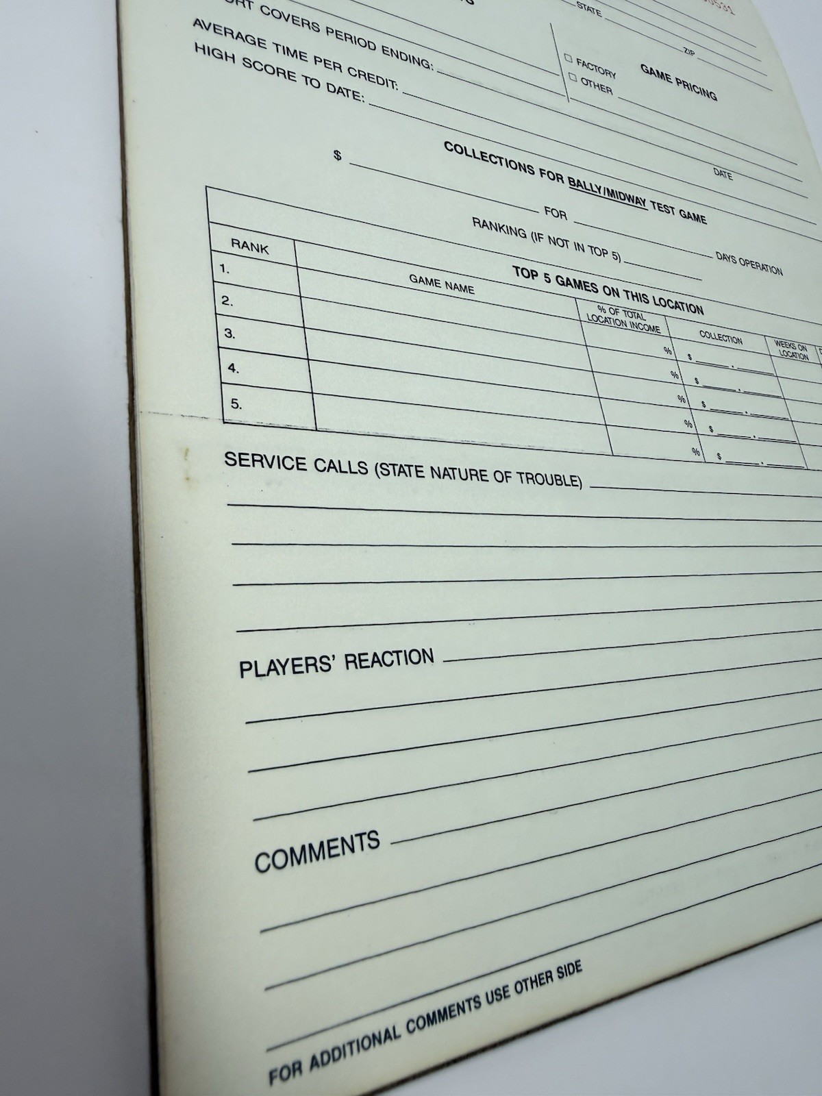 Vintage BALLY/MIDWAY Master Test Report Pinball