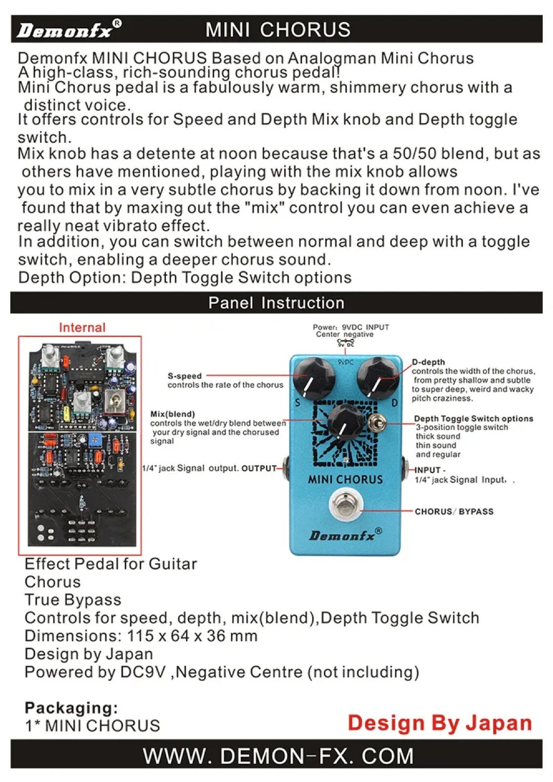 Demonfx Mini Chorus Toggle options Guitar Effect Pedal New/Nice Fast US Ship