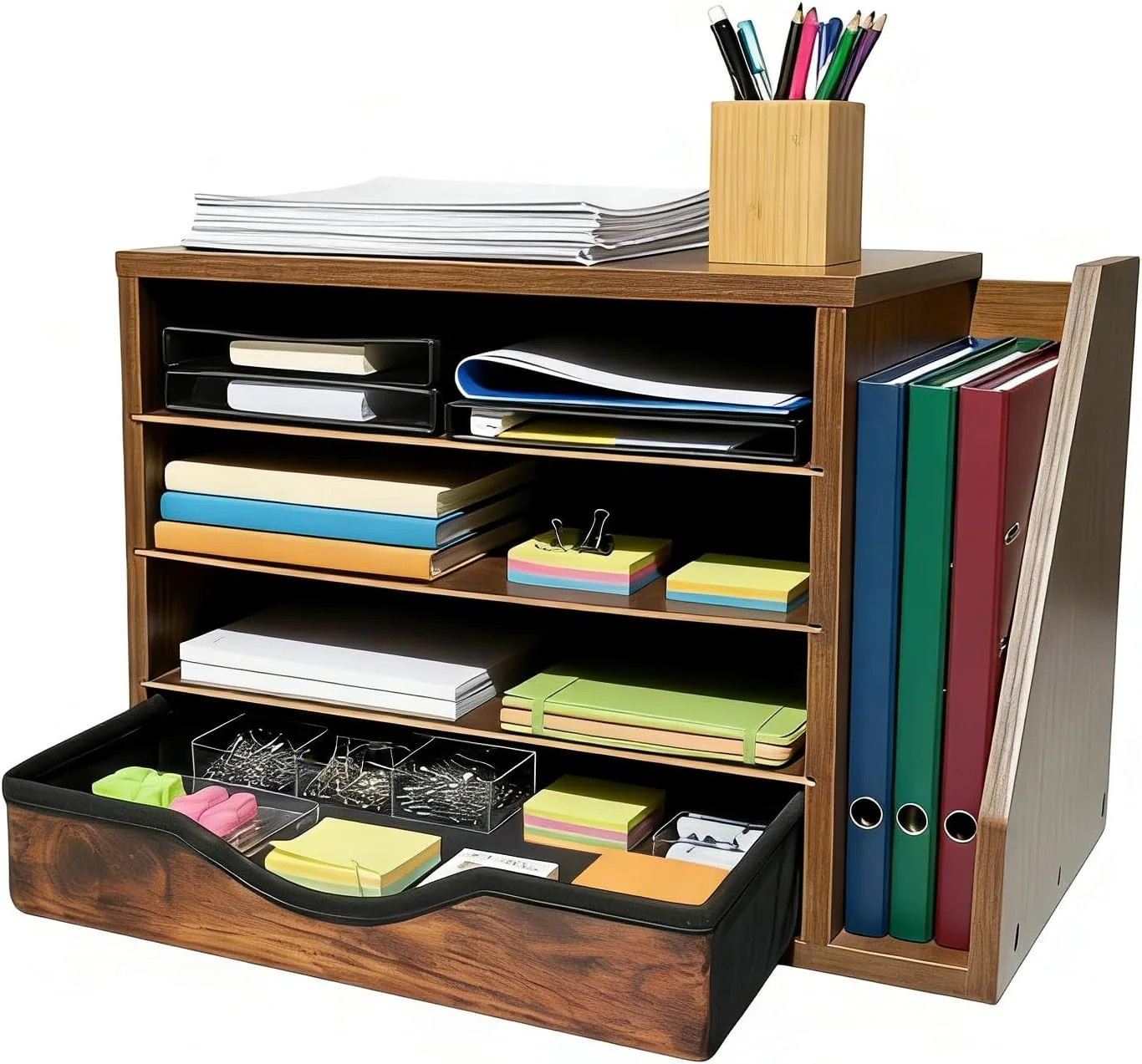 Wooden Desk Organizer with Drawers, Wood Desk Organizers and Accessories, 4 Tier