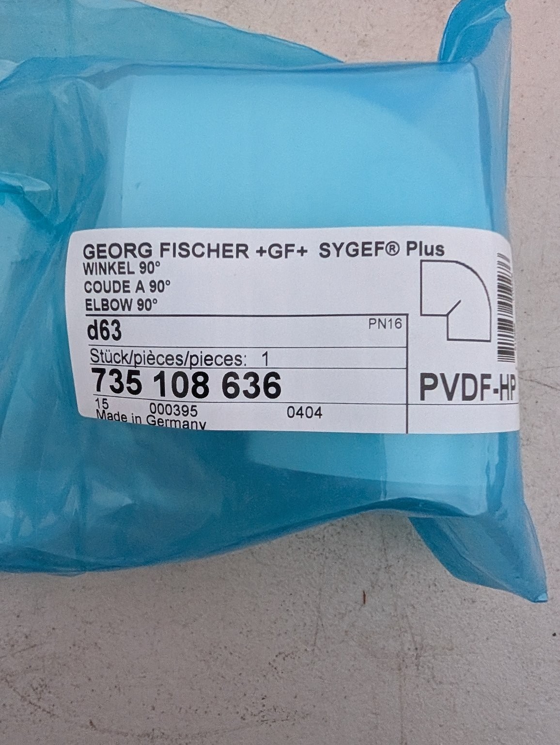 Georg Fischer +GF+ SYGEF Plus Elbow 90° d63 PVDF-HP Pipe Fitting