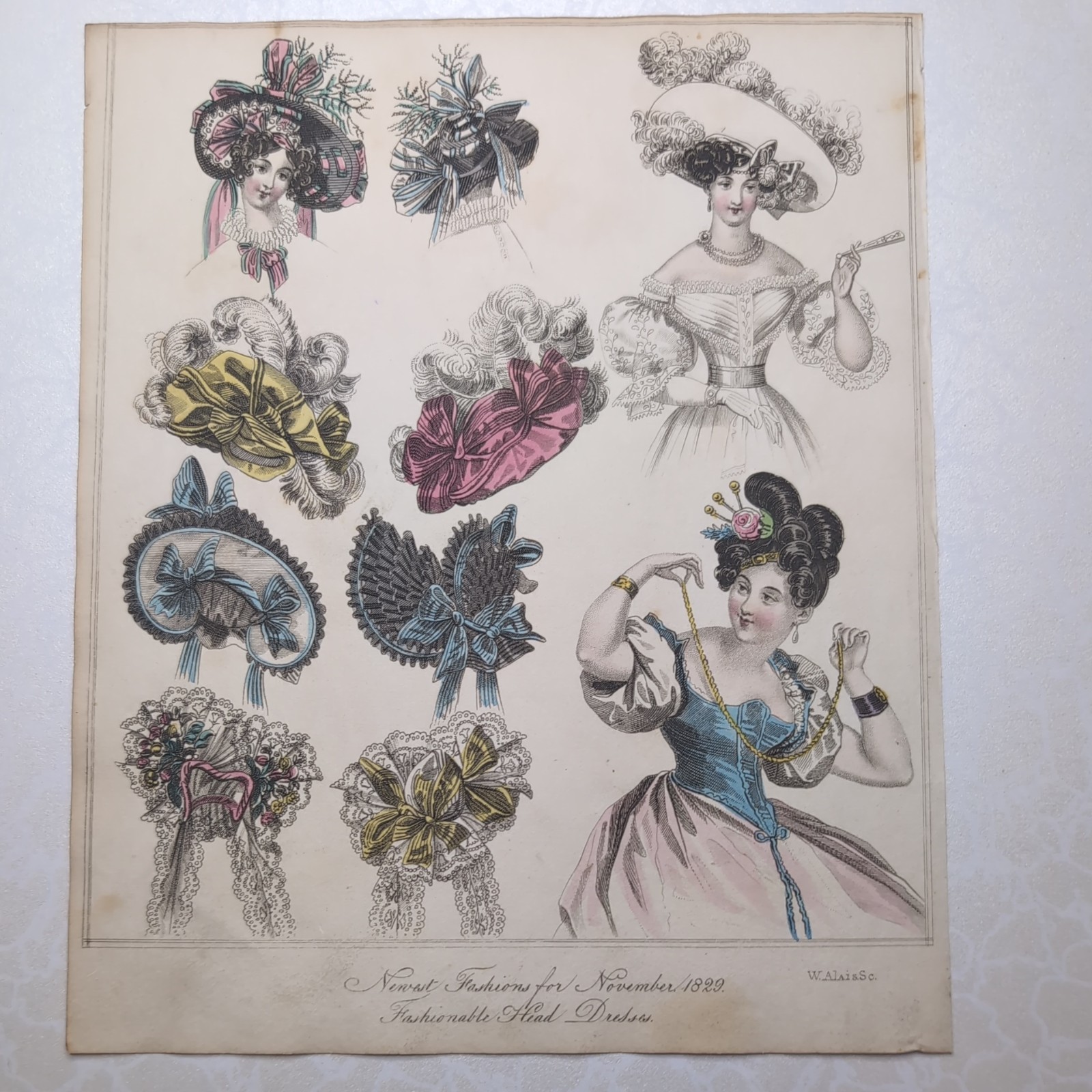 Original 1828 World Of Fashion Coloured Fashionable Head Dresses Feuilletons